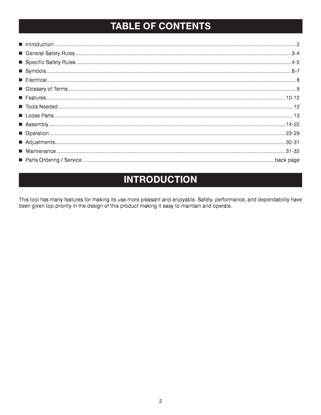 Ryobi TS1552DXL manual Introduction, Table Of Contents 