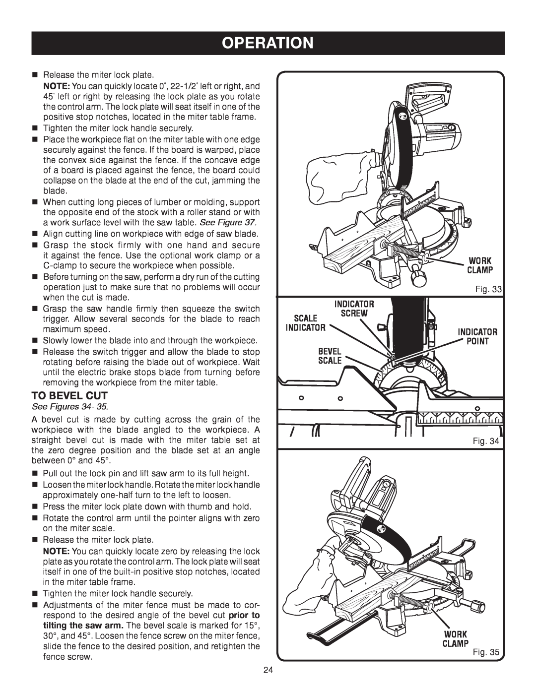 Ryobi TS1552DXL manual To Bevel Cut, Operation, See Figures 34 