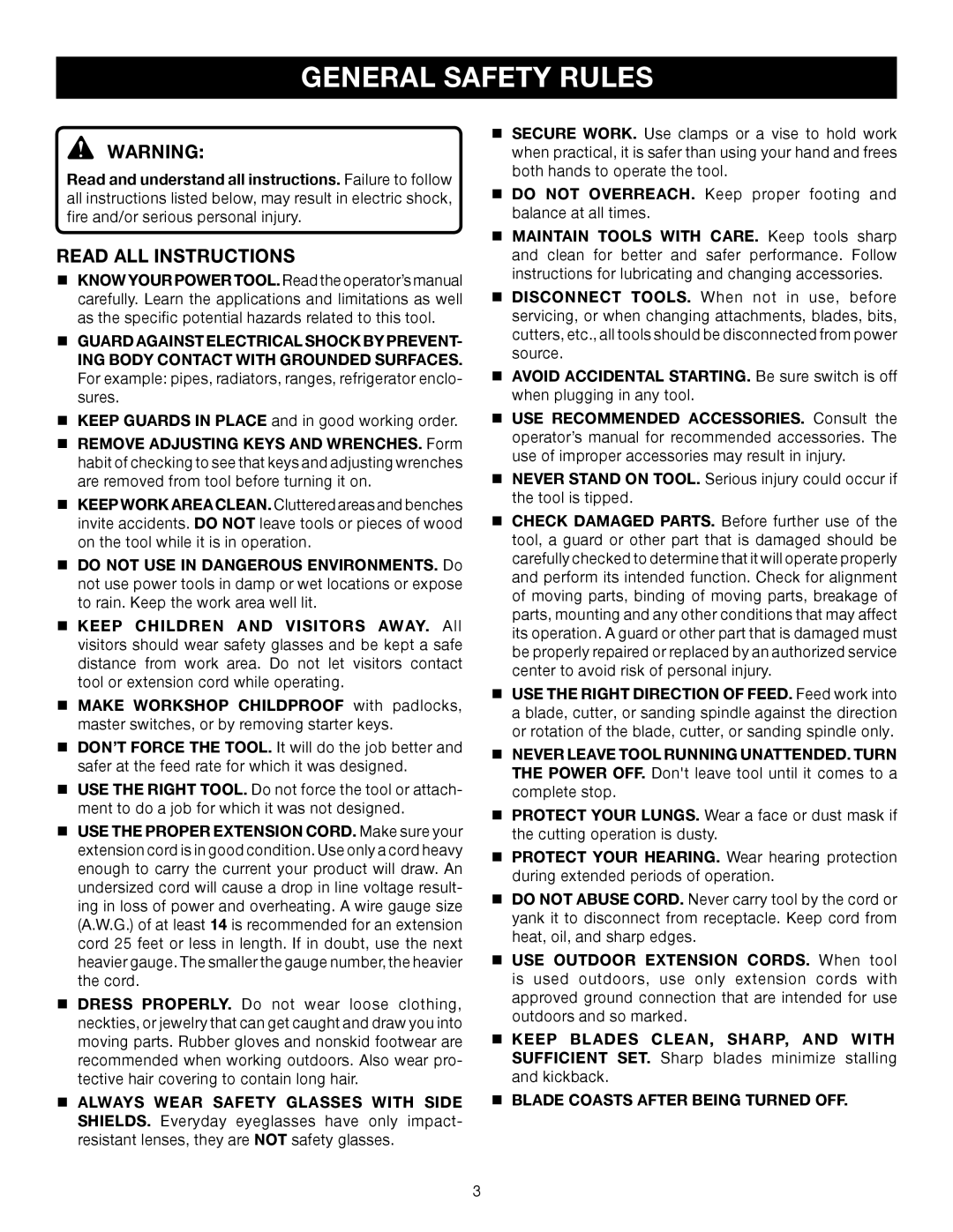 Ryobi TS1552DXL manual General Safety Rules, Read All Instructions 