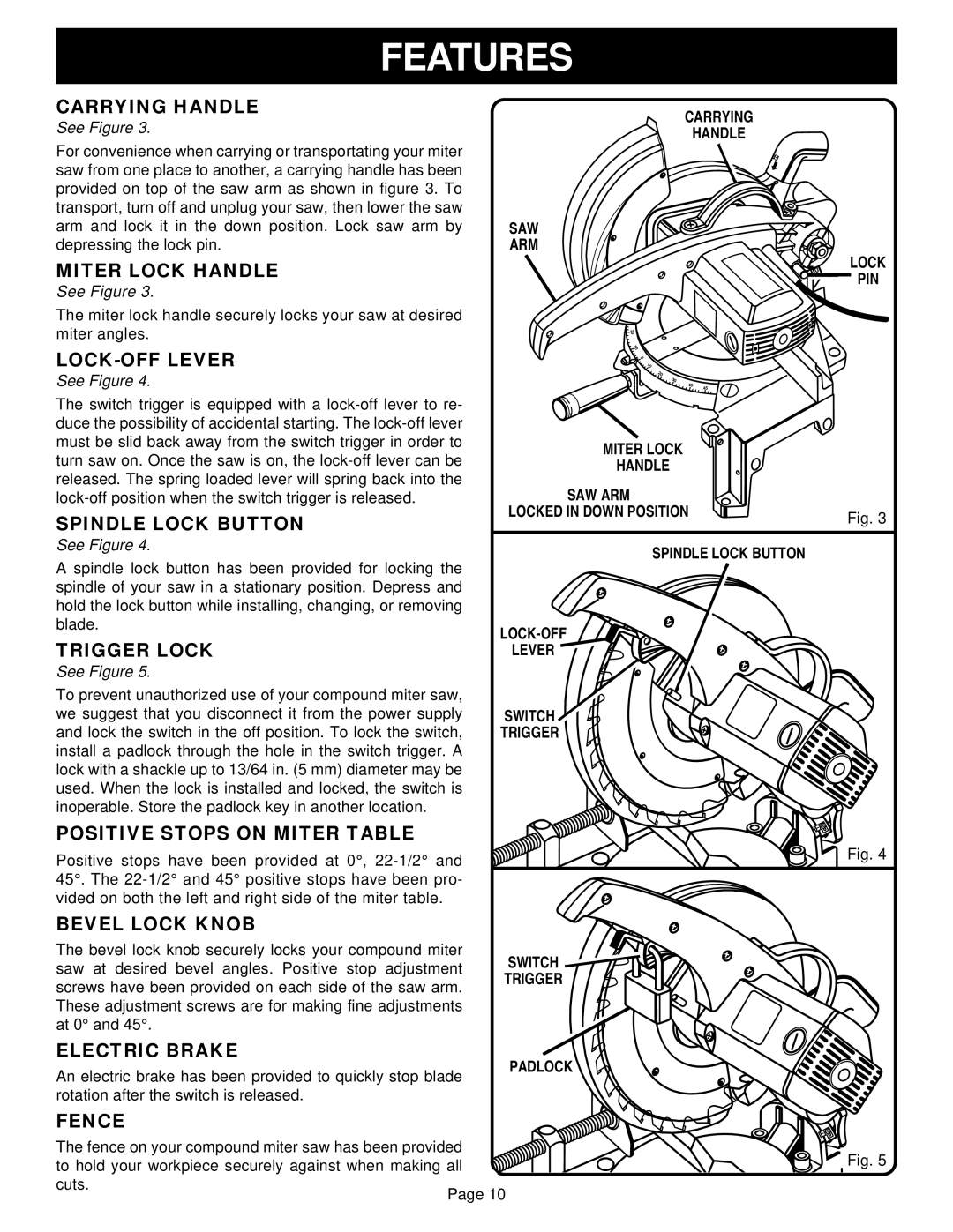 Ryobi TS230 Carrying Handle, Miter Lock Handle, LOCK-OFF Lever, Spindle Lock Button, Trigger Lock, Bevel Lock Knob, Fence 