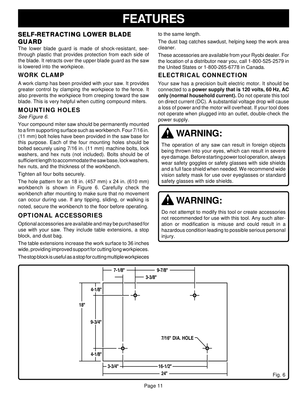 Ryobi TS230 SELF-RETRACTING Lower Blade Guard, Work Clamp, Mounting Holes, Optional Accessories, Electrical Connection 