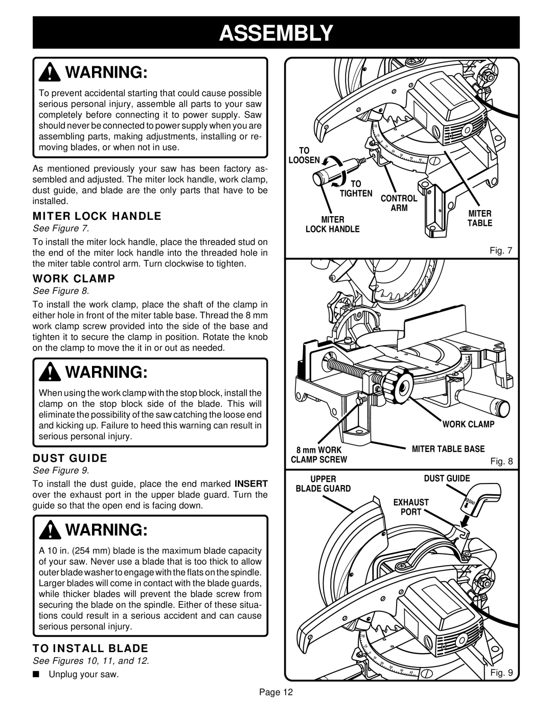 Ryobi TS230 warranty Assembly, Dust Guide, To Install Blade, Upper, See Figures 10, 11 
