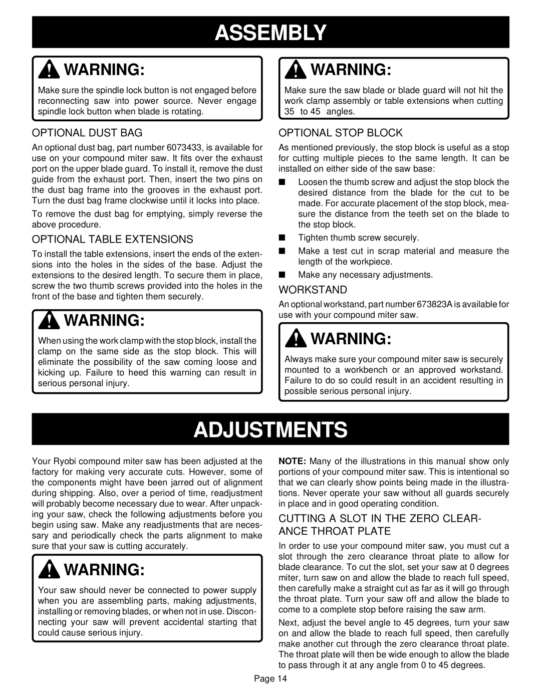 Ryobi TS230 warranty Adjustments 