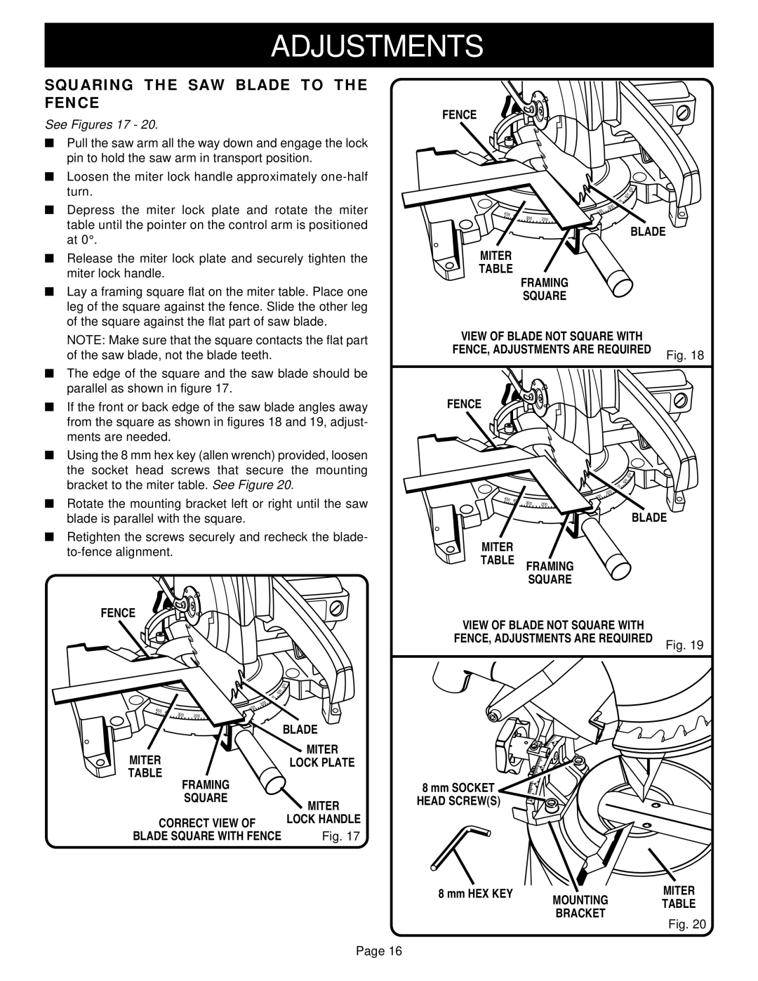 Ryobi TS230 warranty Squaring the SAW Blade to the Fence, See Figures 17, Blade Framing Square 