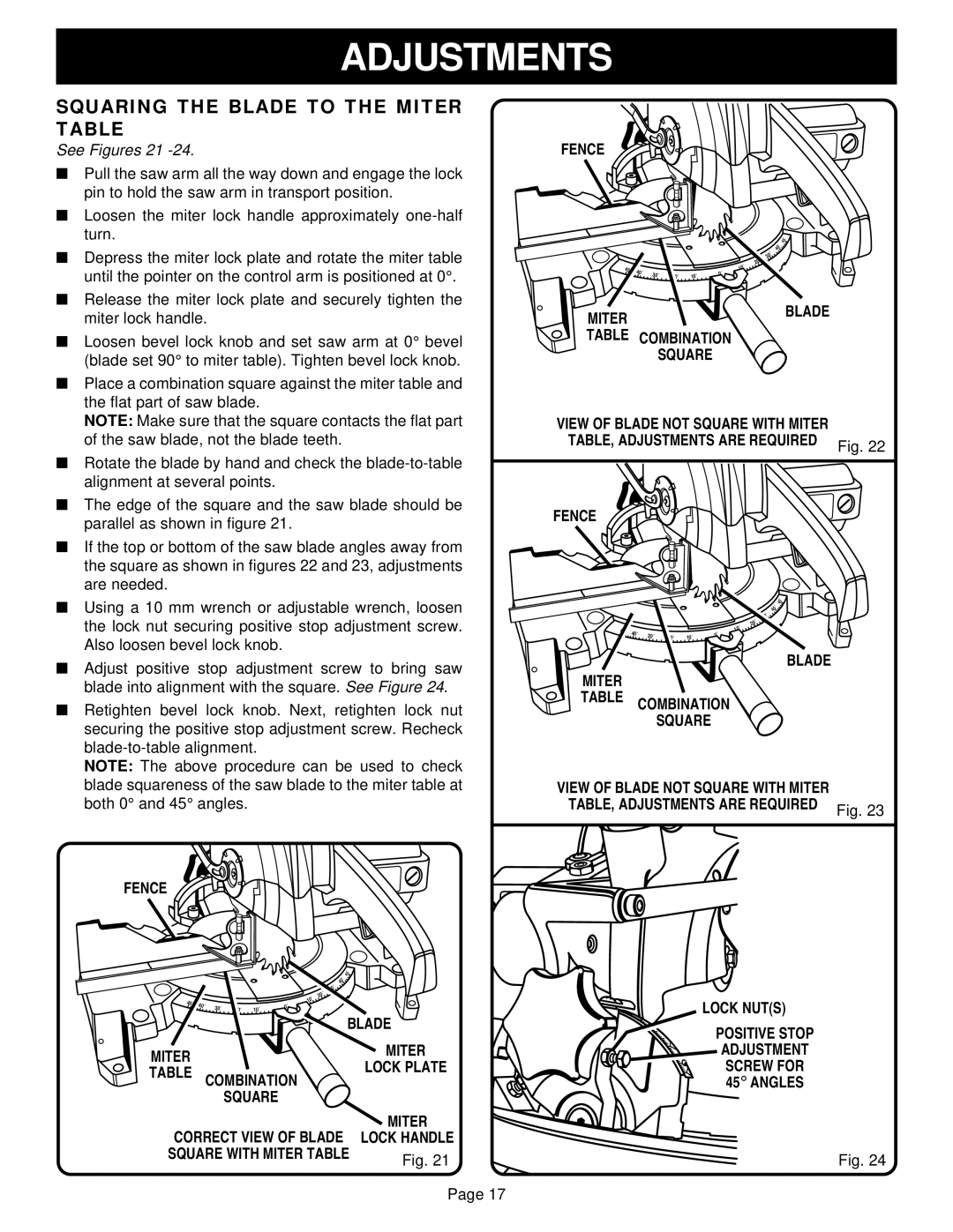 Ryobi TS230 warranty Squaring the Blade to the Miter Table, See Figures 21, Miter Blade Table Combination Square 