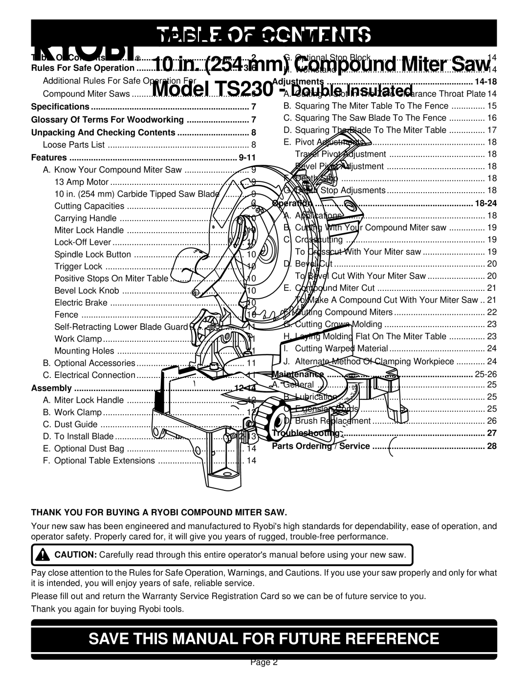 Ryobi TS230 warranty Table of Contents 