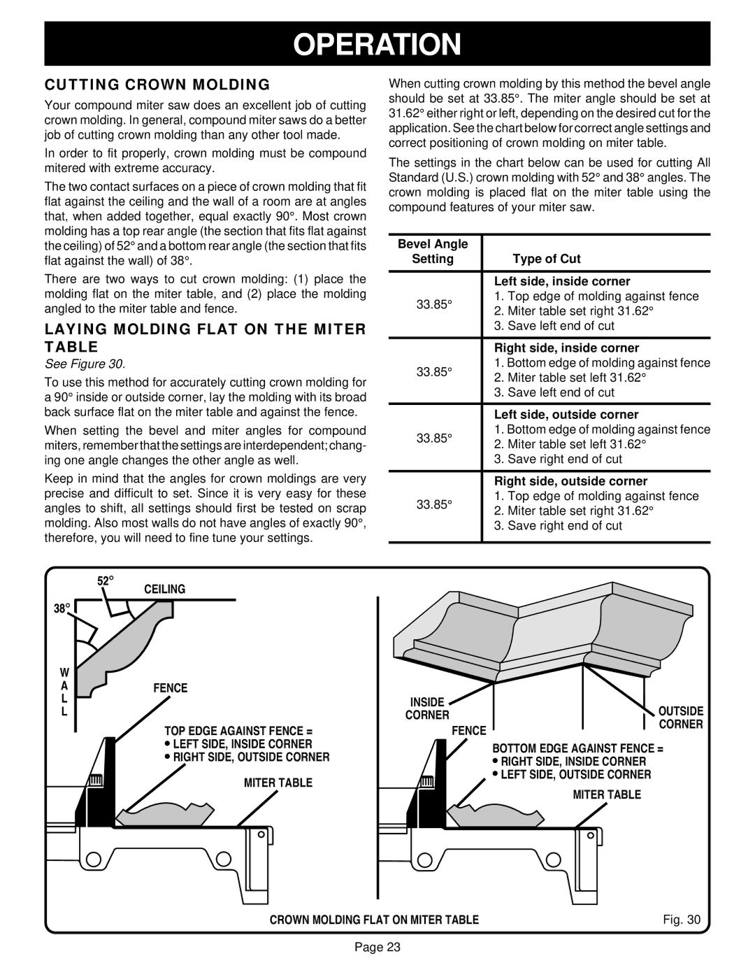 Ryobi TS230 warranty Cutting Crown Molding, Laying Molding Flat on the Miter Table, Ceiling 