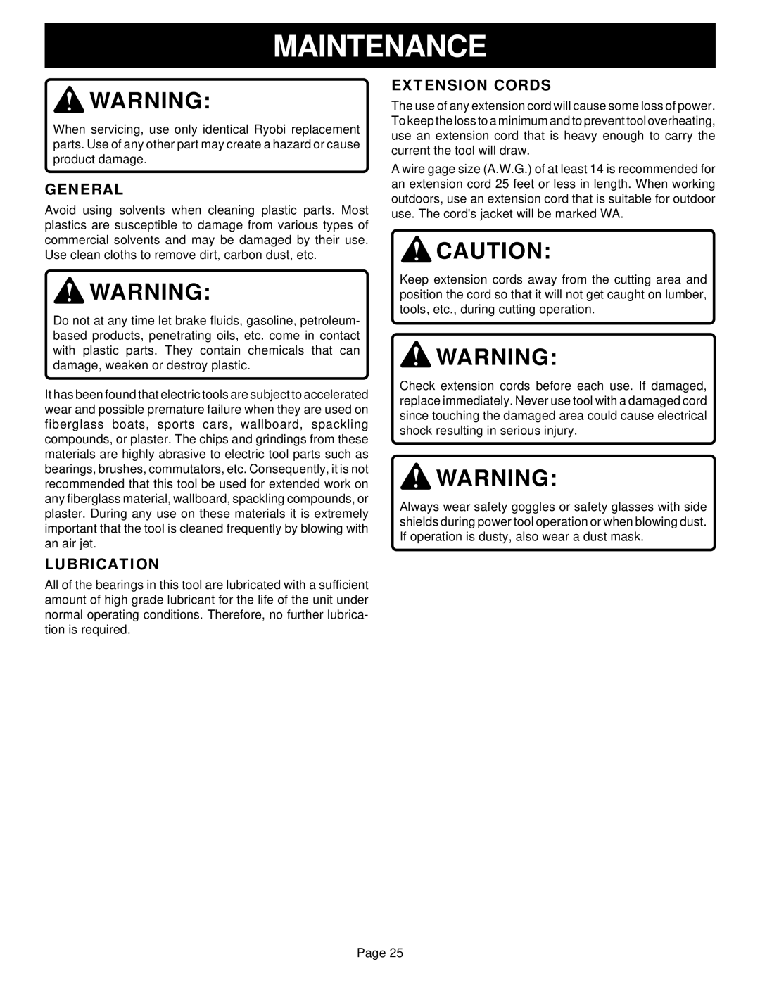 Ryobi TS230 warranty Maintenance, General, Lubrication, Extension Cords 