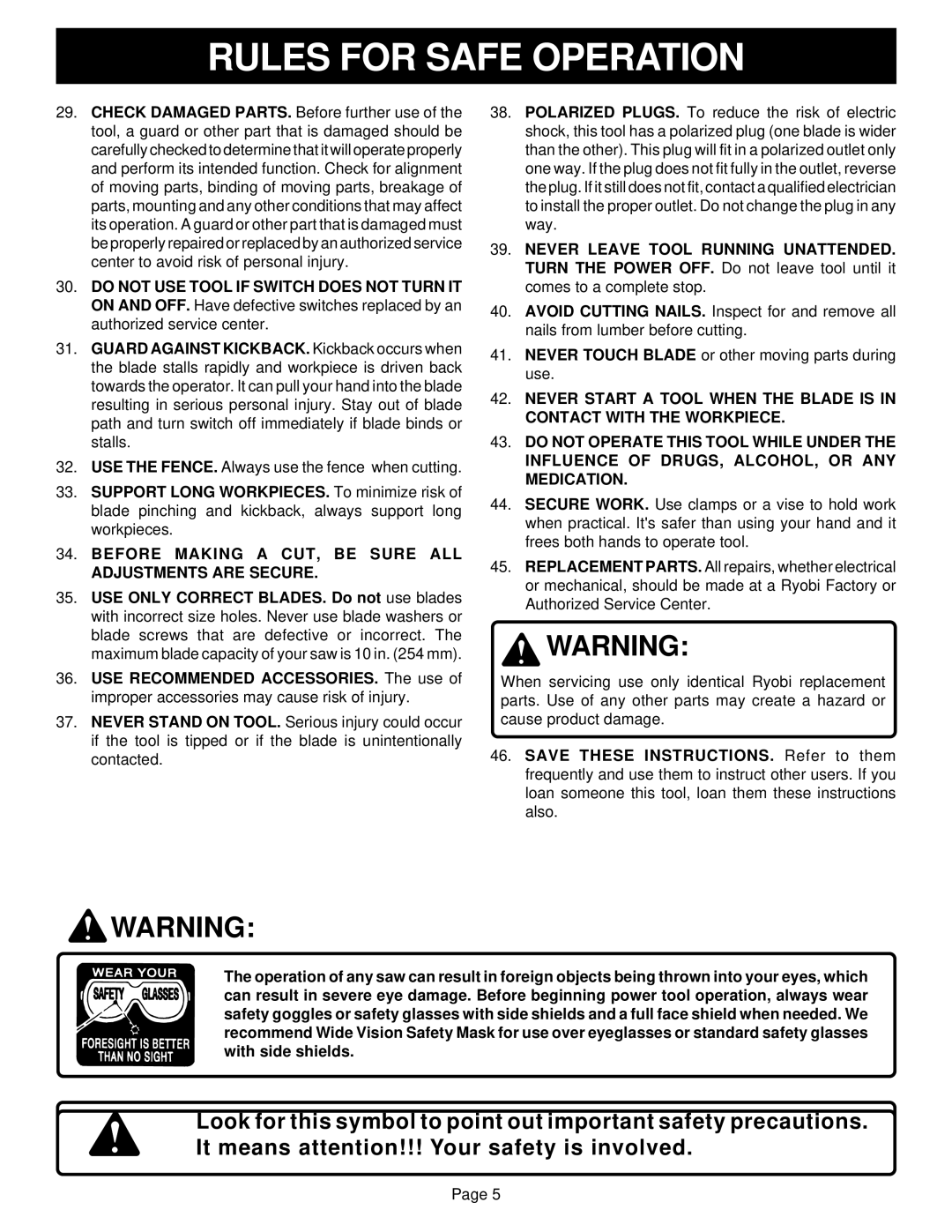 Ryobi TS230 warranty Before Making a CUT, be Sure ALL Adjustments are Secure 