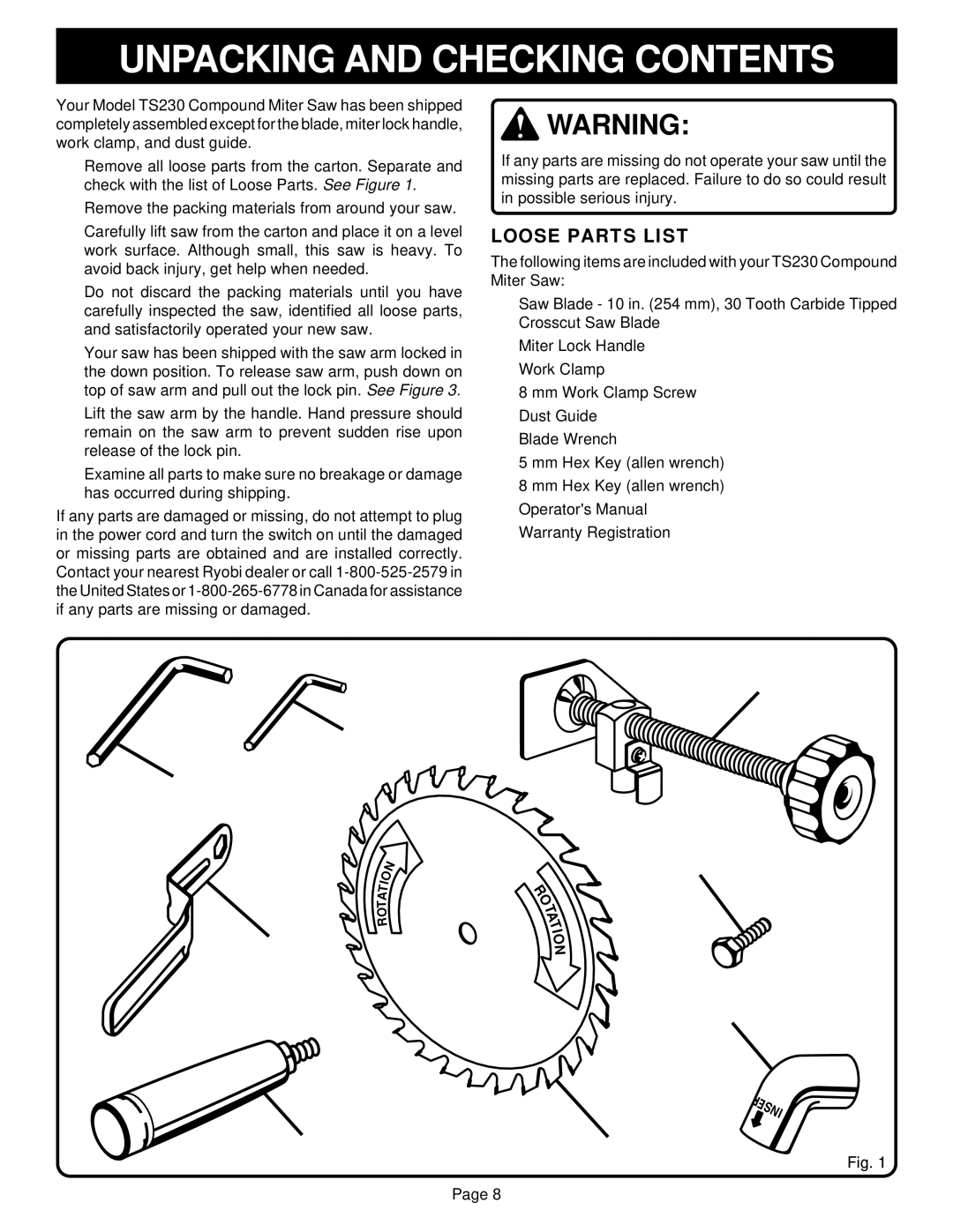 Ryobi TS230 warranty Unpacking and Checking Contents 