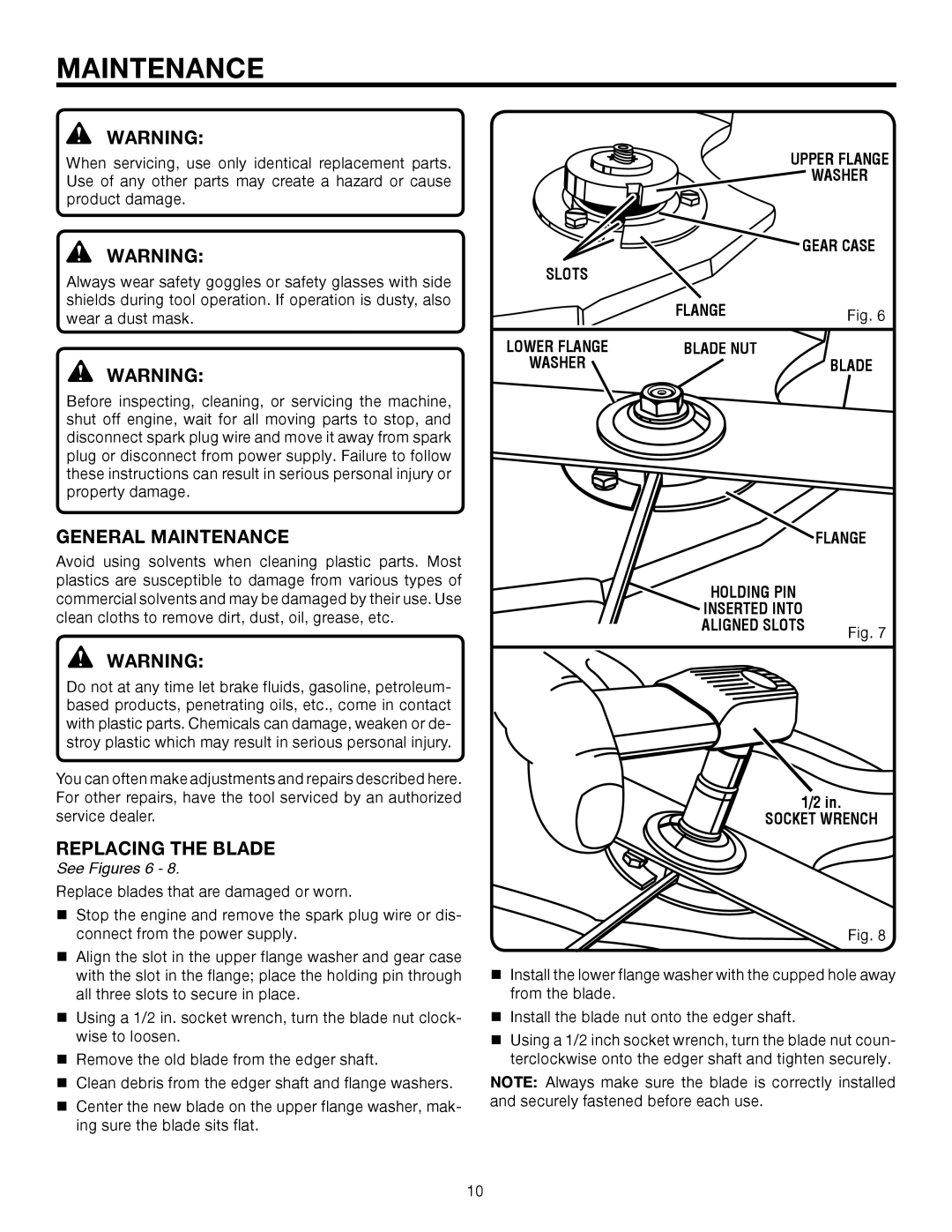 Ryobi UT15518F manual General Maintenance, Replacing the Blade 