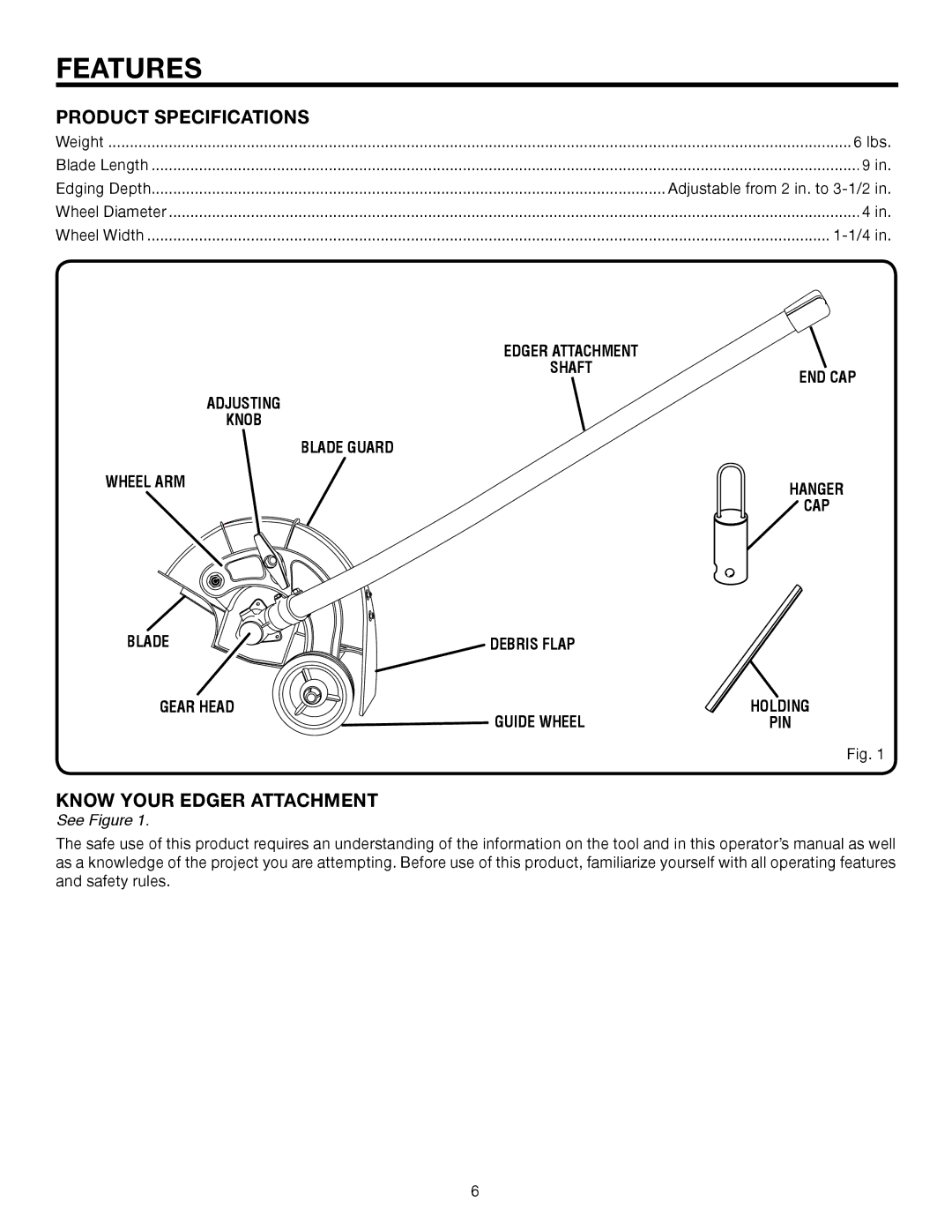 Ryobi UT15518F manual Features, Product Specifications, Know Your Edger Attachment 