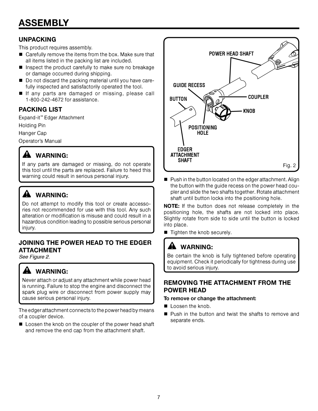 Ryobi UT15518F manual Assembly, Unpacking, Packing List, Joining the Power Head to the Edger Attachment 