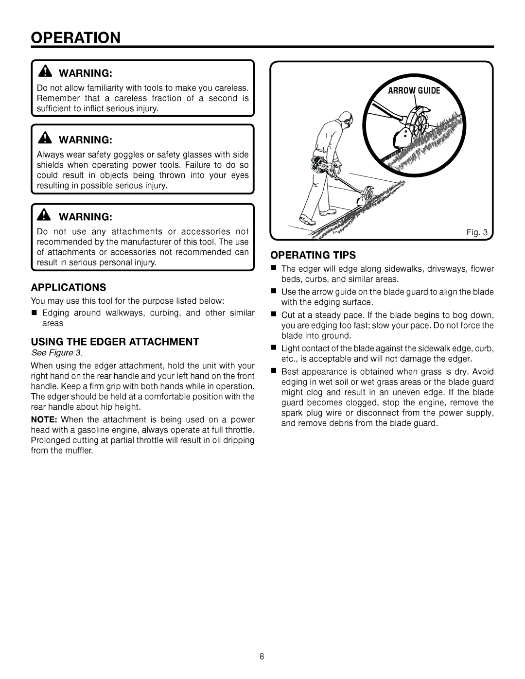 Ryobi UT15518F manual Operation, Applications, Using the Edger Attachment, Operating Tips 