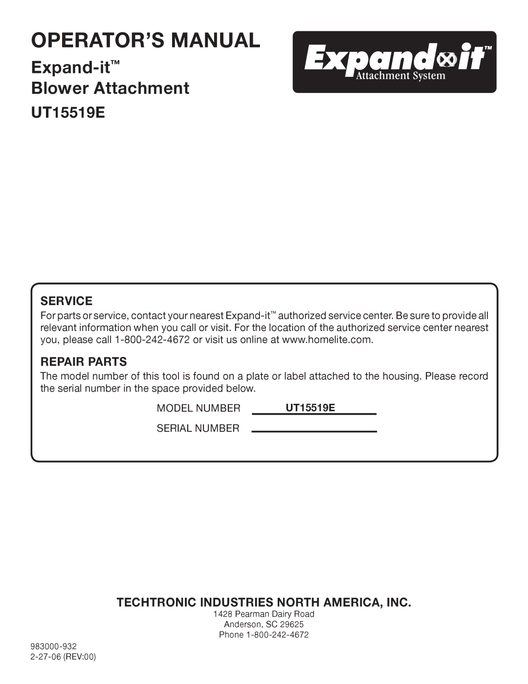 Ryobi UT15519E manual Techtronic Industries North AMERICA, INC 