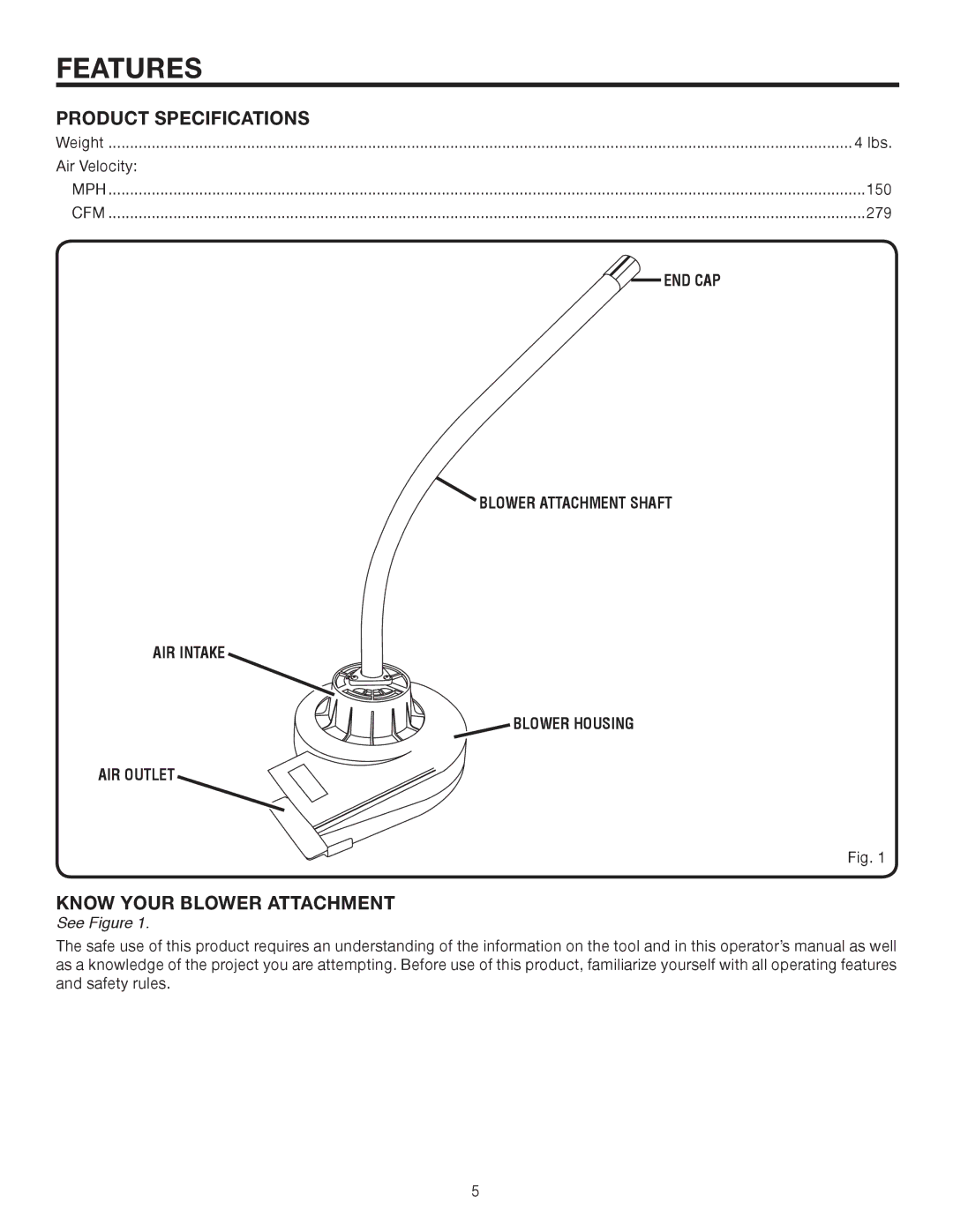 Ryobi UT15519E manual Features, Product Specifications, Know Your Blower Attachment 