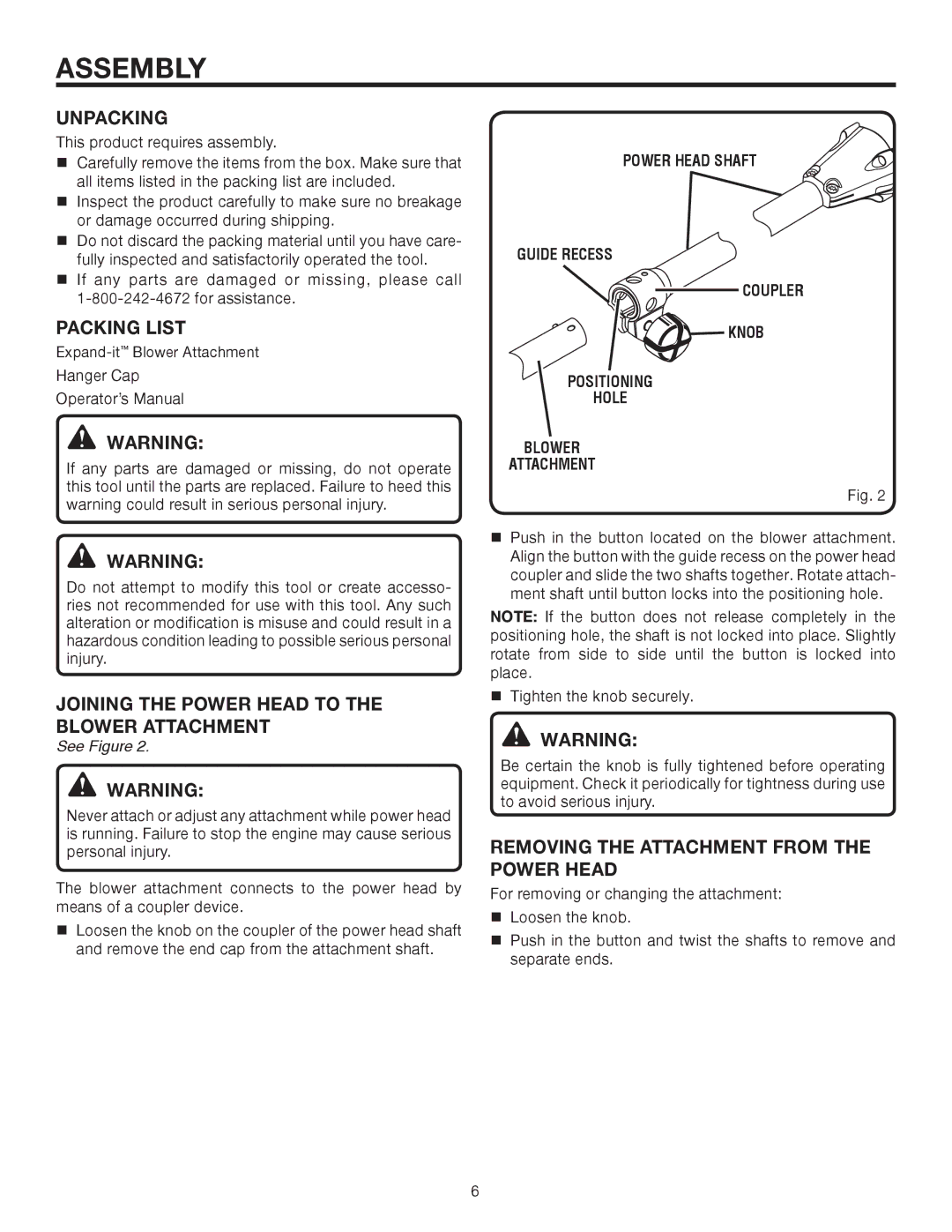 Ryobi UT15519E manual Assembly, Unpacking, Packing List, Joining the Power Head to the Blower Attachment 