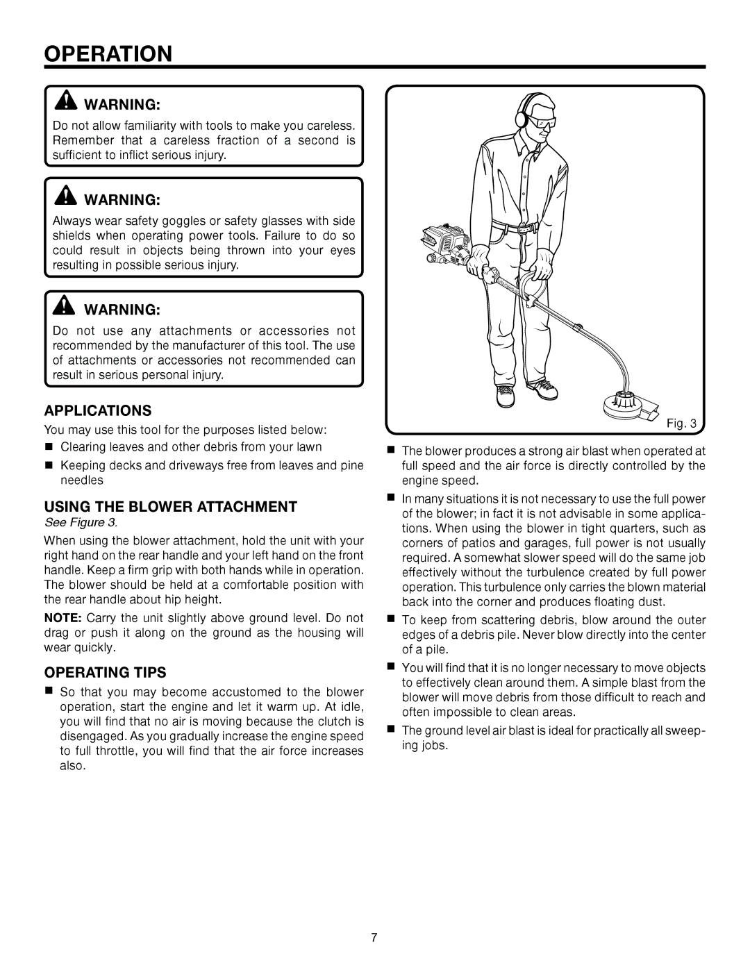 Ryobi UT15519E manual Operation, Applications, Using the Blower Attachment, Operating Tips 