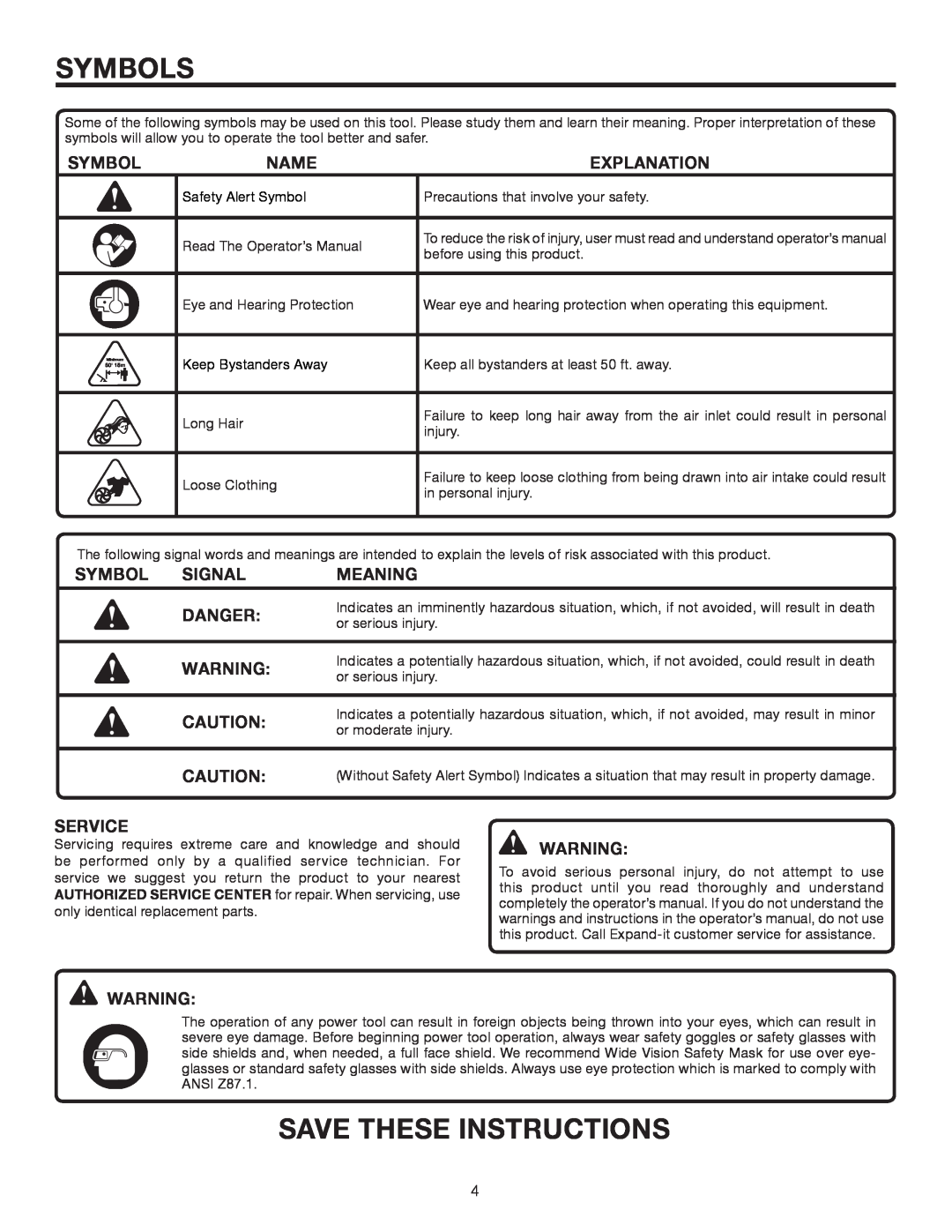 Ryobi UT15519E manual Symbols, Save These Instructions, Name, Explanation, Signal, Meaning, Danger, Service 