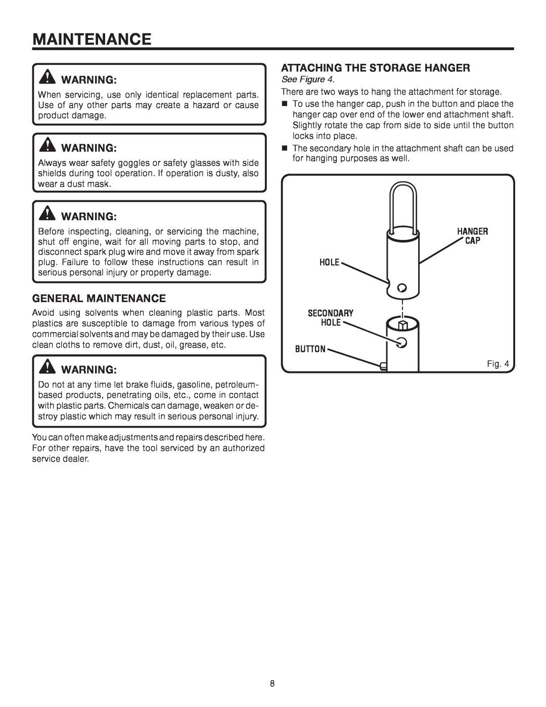 Ryobi UT15519E manual Attaching The Storage Hanger, General Maintenance, See Figure, Hole Secondary Hole Button 