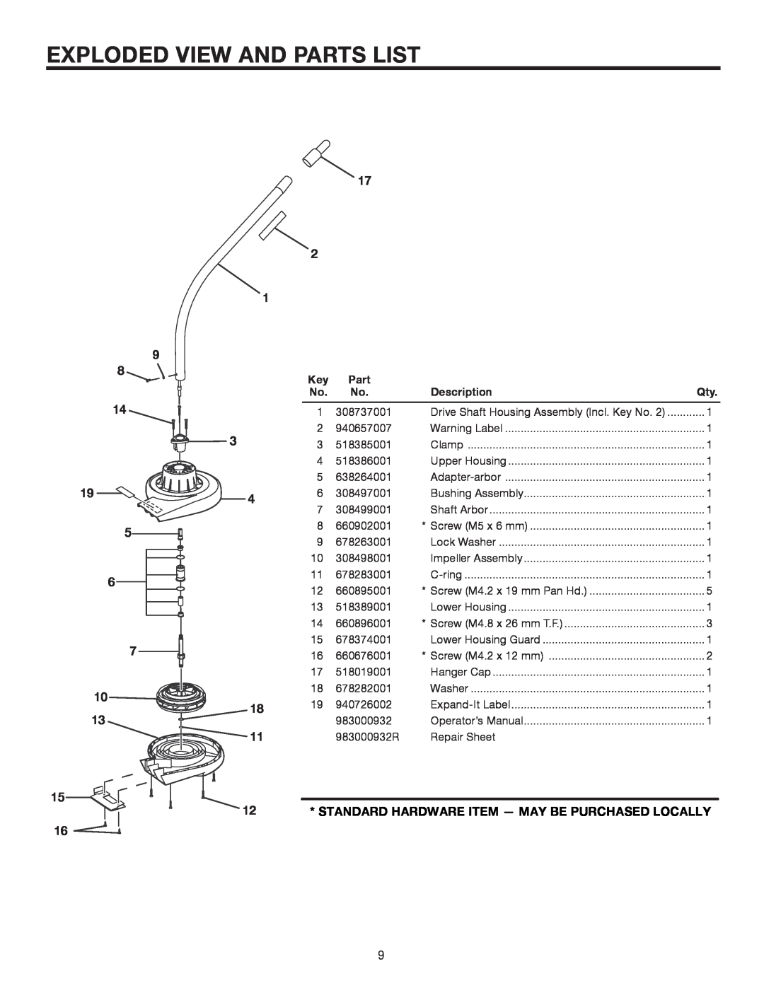 Ryobi UT15519E Exploded View And Parts List, 1 9 8 14 3 19 5 6 7 10, Standard Hardware Item - May Be Purchased Locally 
