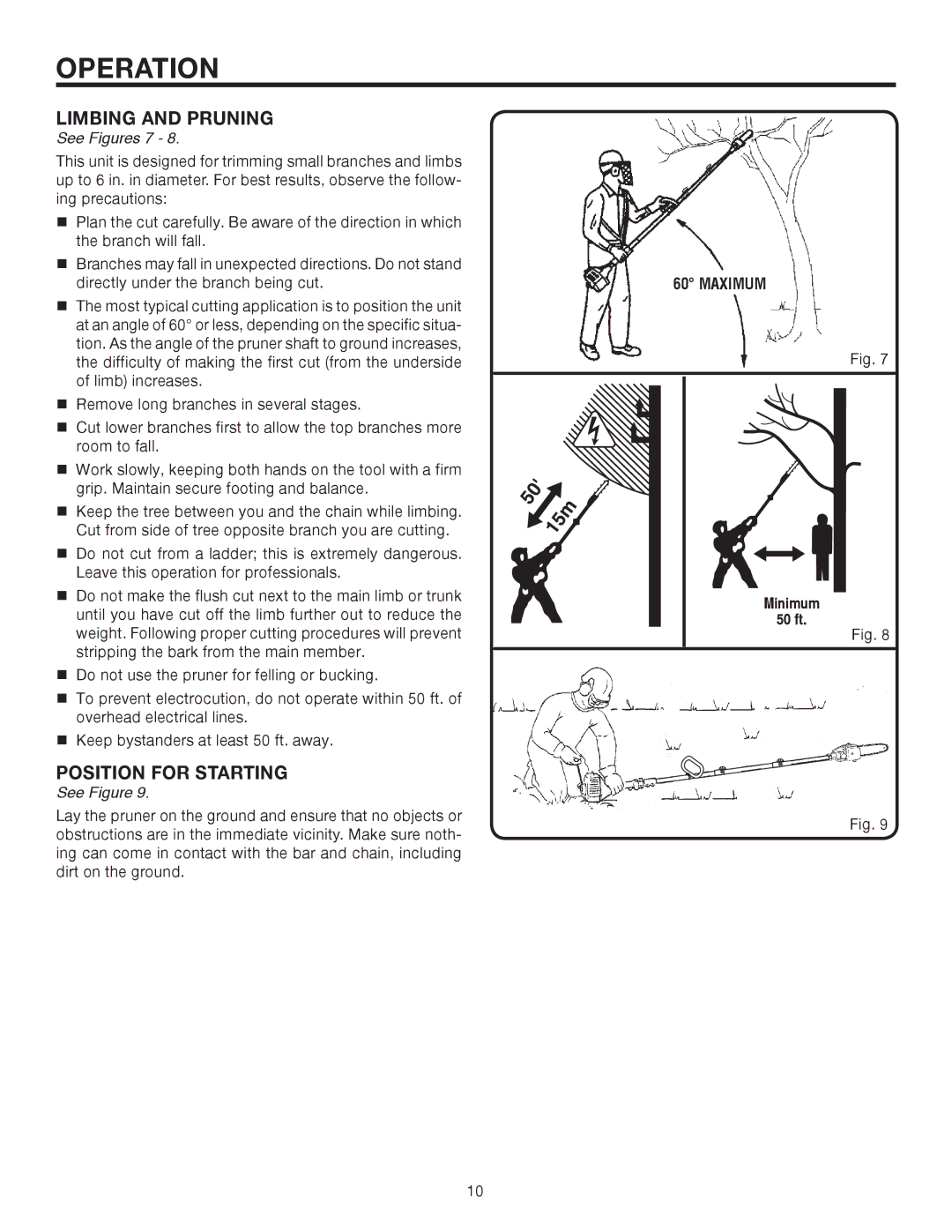 Ryobi UT15520C manual Limbing and Pruning, Position for Starting, See Figures 7, Maximum 