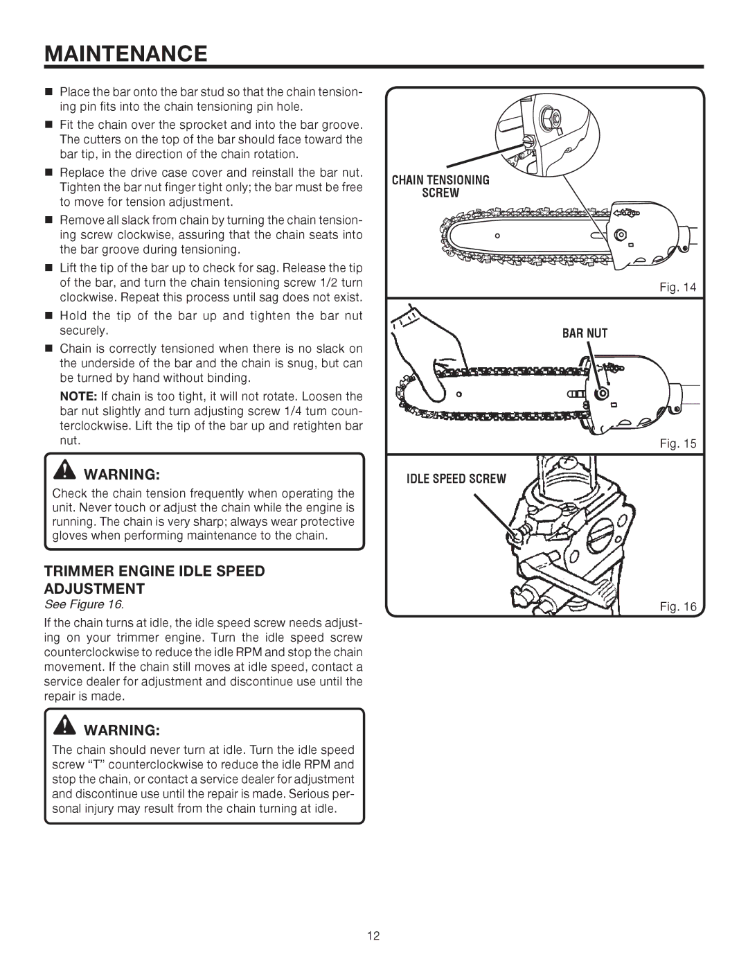 Ryobi UT15520C manual Trimmer Engine Idle Speed Adjustment, Chain Tensioning Screw BAR NUT Idle Speed Screw 