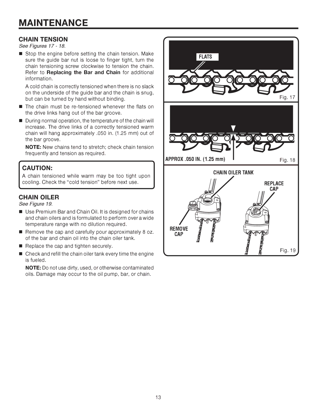 Ryobi UT15520C manual Chain Tension, See Figures 17, Flats, Chain Oiler Tank Replace CAP Remove 