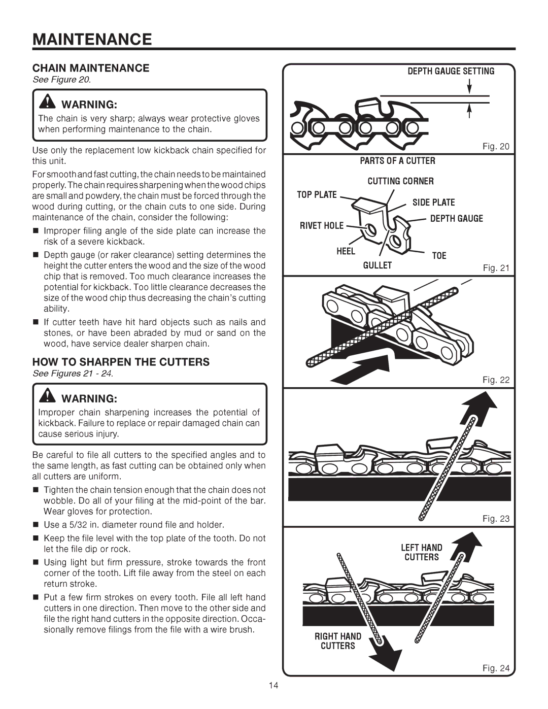 Ryobi UT15520C manual Chain Maintenance, HOW to Sharpen the Cutters, See Figures 21 