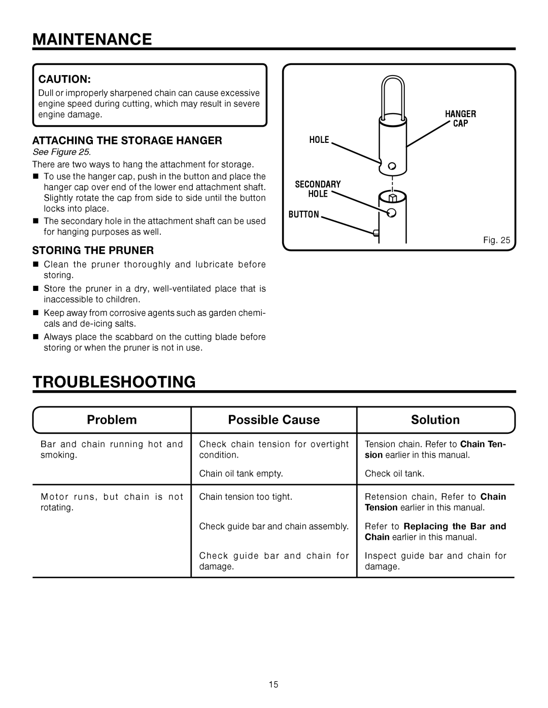 Ryobi UT15520C manual Troubleshooting, Attaching the Storage Hanger, Storing the Pruner, Hole Button 