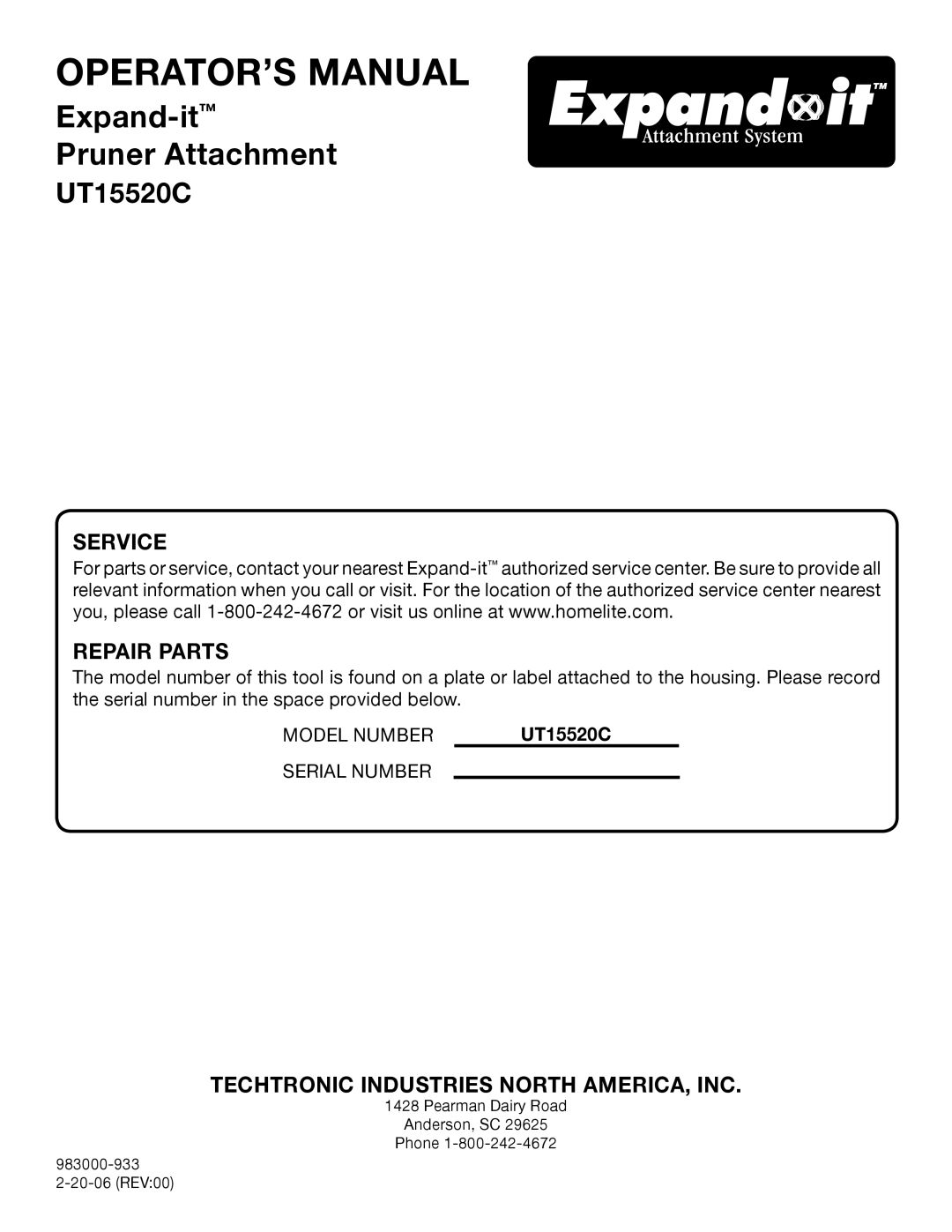 Ryobi UT15520C manual Techtronic Industries North AMERICA, INC 