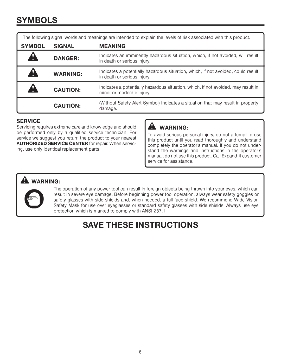 Ryobi UT15520C manual Symbol Signal Meaning, Service 