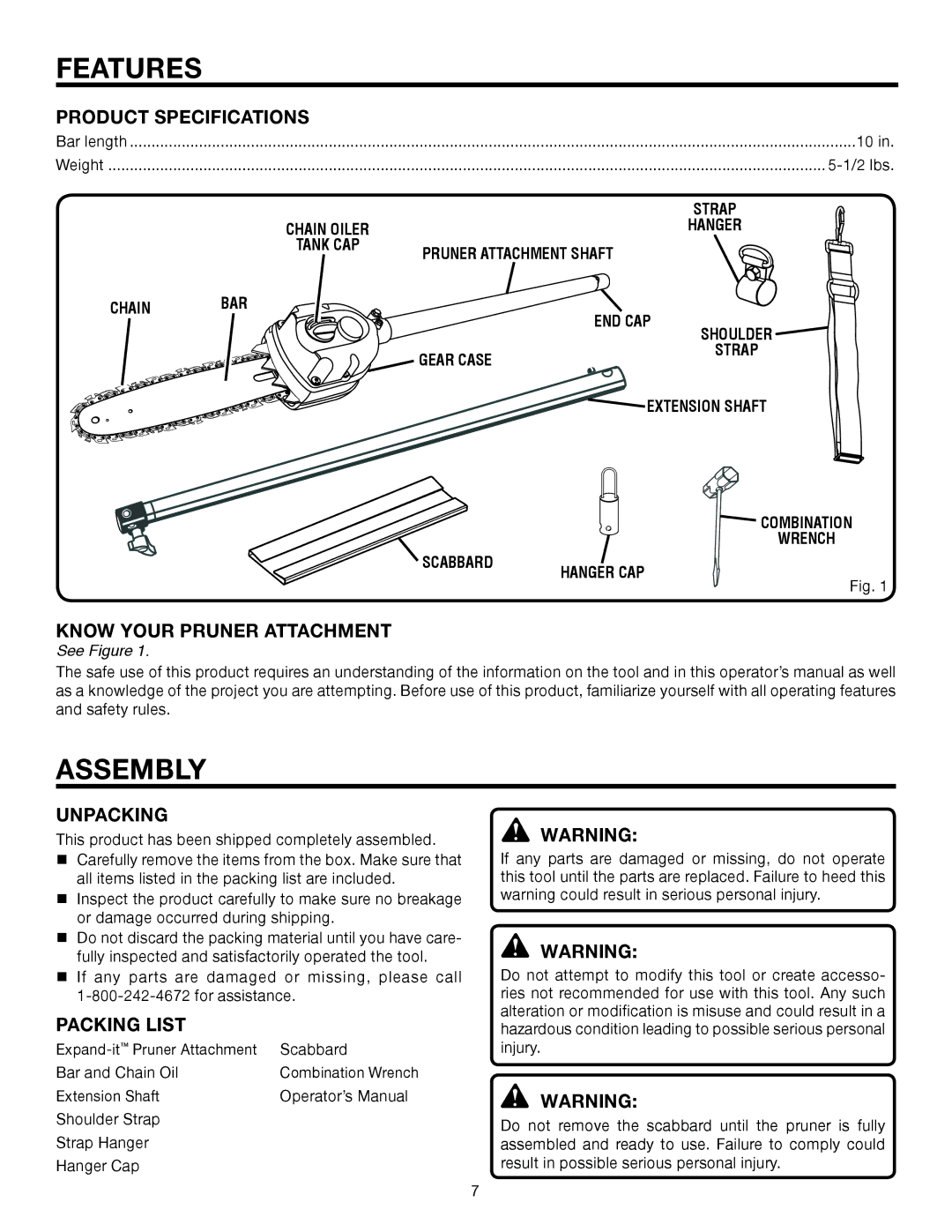 Ryobi UT15520C manual Features, Assembly 