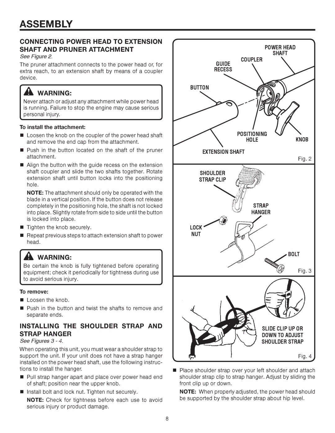 Ryobi UT15520C manual Installing the Shoulder Strap and Strap Hanger, Guide Power Head Shaft Coupler, See Figures 3 