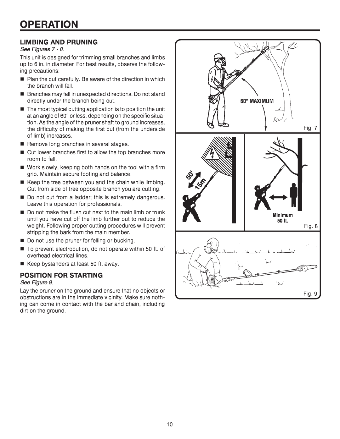 Ryobi UT15520C manual Limbing And Pruning, Position For Starting, See Figures, Maximum, Operation, Minimum 50 ft 