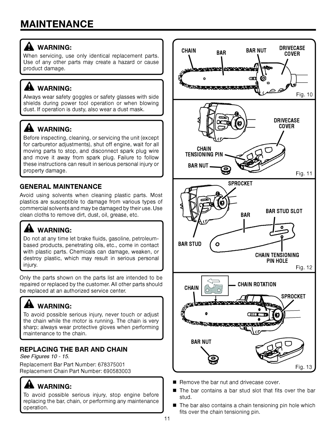 Ryobi UT15520C manual General Maintenance, Replacing The Bar And Chain, See Figures, Sprocket Bar Nut 