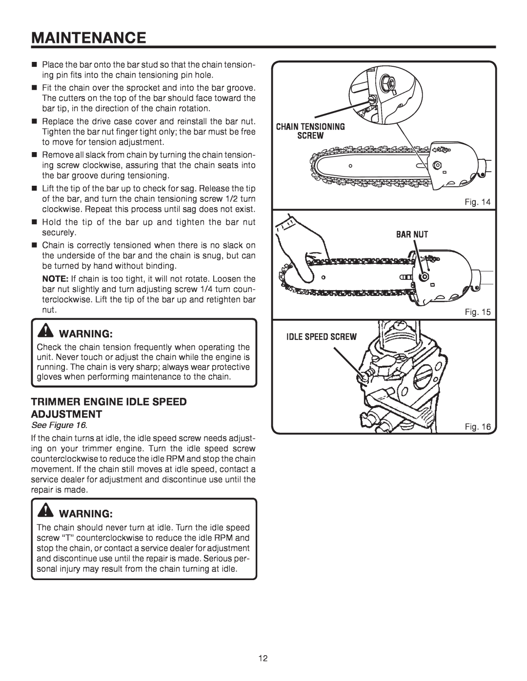 Ryobi UT15520C Trimmer Engine Idle Speed Adjustment, Chain Tensioning Screw, Idle Speed Screw, Maintenance, See Figure 