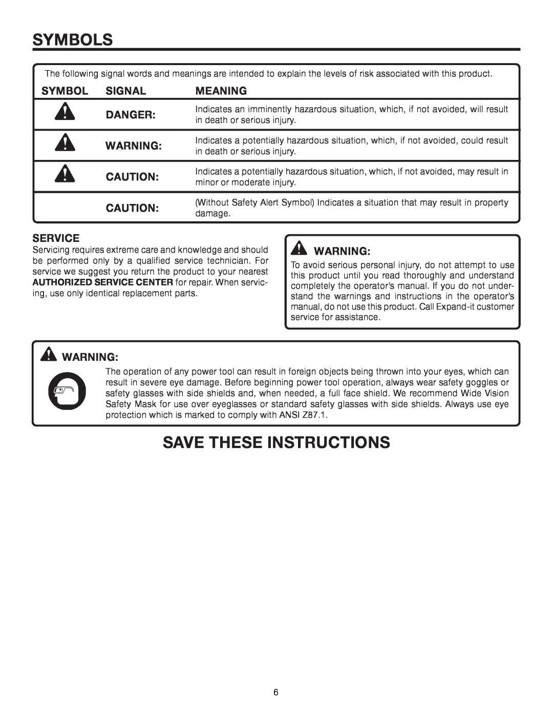 Ryobi UT15520C manual Save These Instructions, Symbol Signal, Meaning, Danger, Service, Symbols 