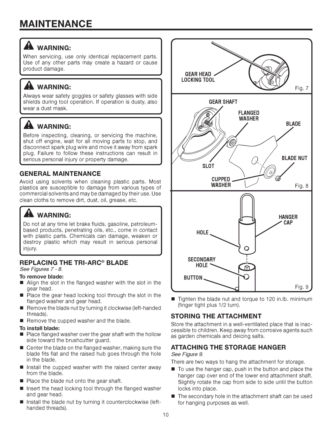 Ryobi UT15702B General Maintenance, Replacing the TRI-ARCBLADE, Storing the Attachment, Attaching the Storage Hanger 