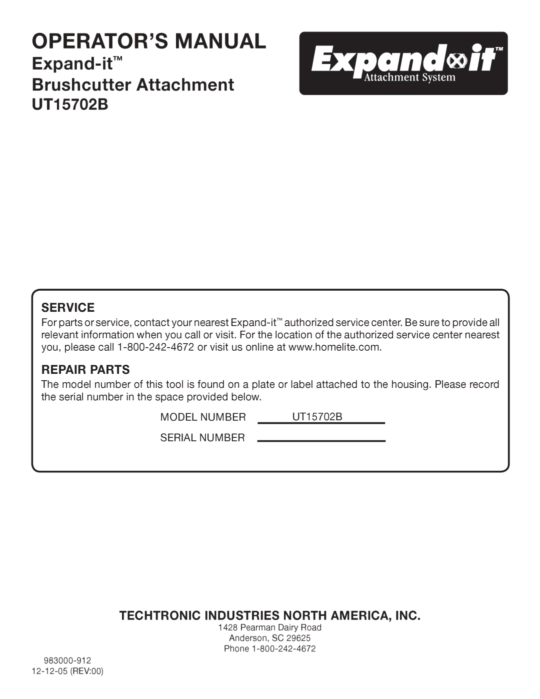 Ryobi UT15702B manual Techtronic Industries North AMERICA, INC 