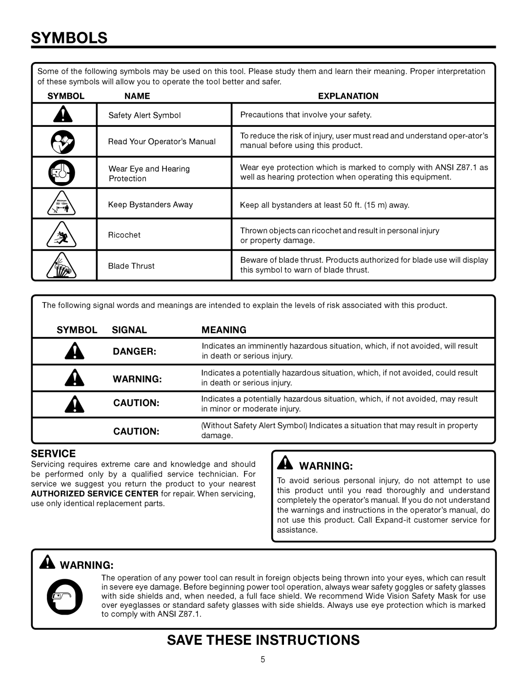 Ryobi UT15702B manual Symbols, Service, Symbol Name Explanation 