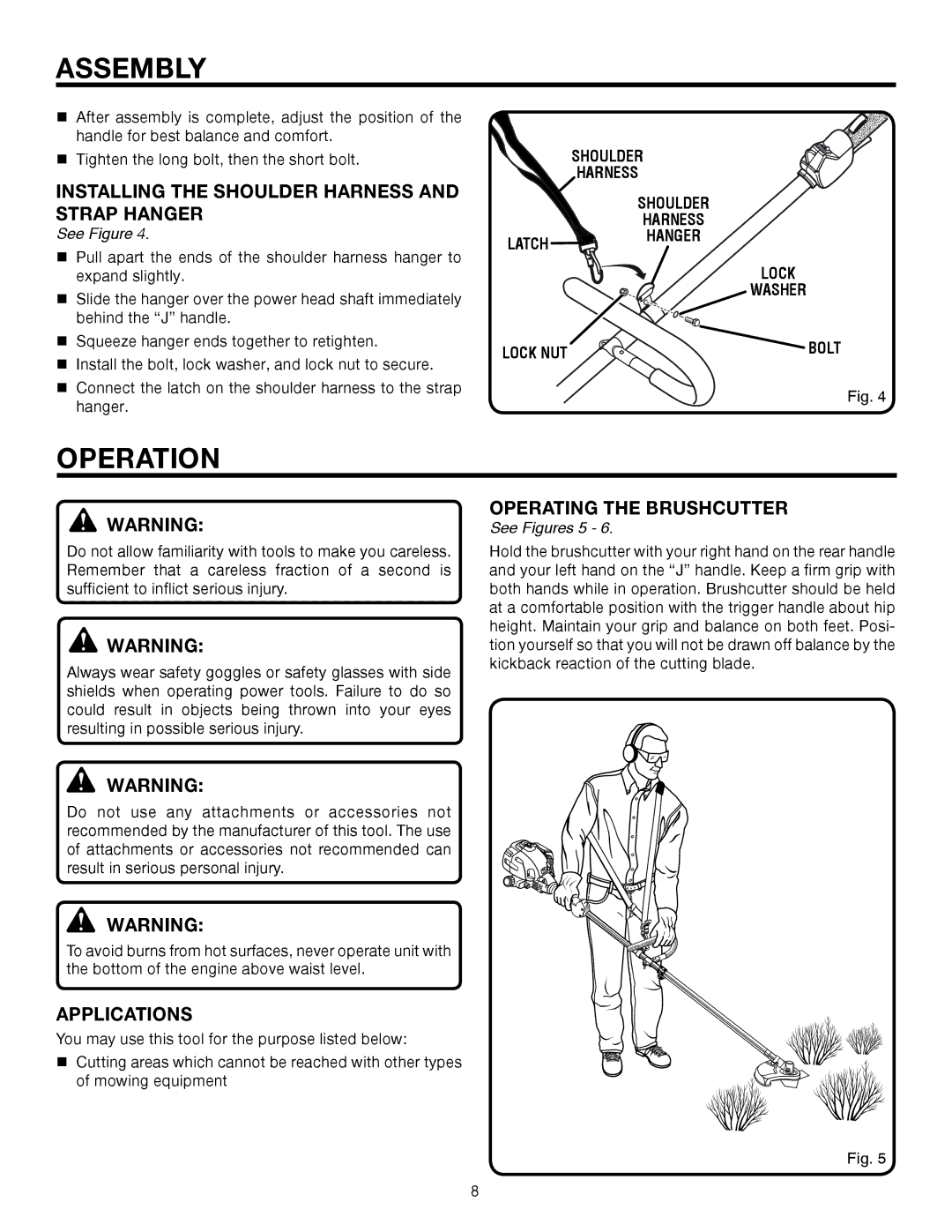 Ryobi UT15702B manual Operation, Installing the Shoulder Harness and Strap Hanger, Applications, Operating the Brushcutter 