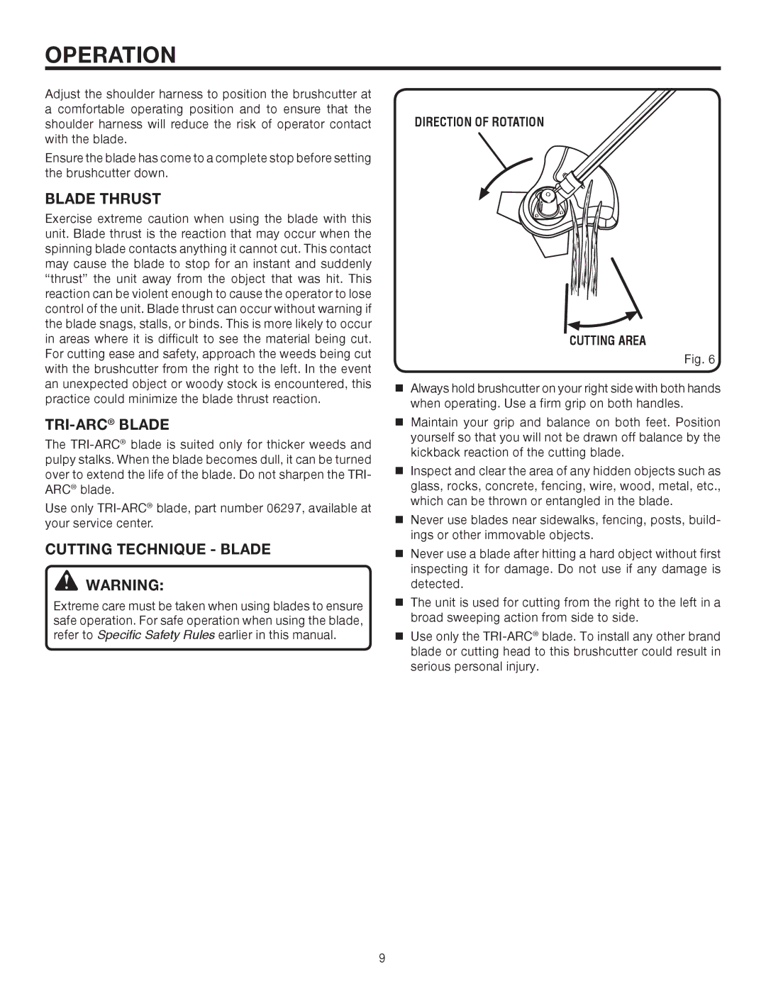 Ryobi UT15702B manual Blade Thrust, Tri-Arcblade, Cutting Technique Blade, Direction of Rotation Cutting Area 