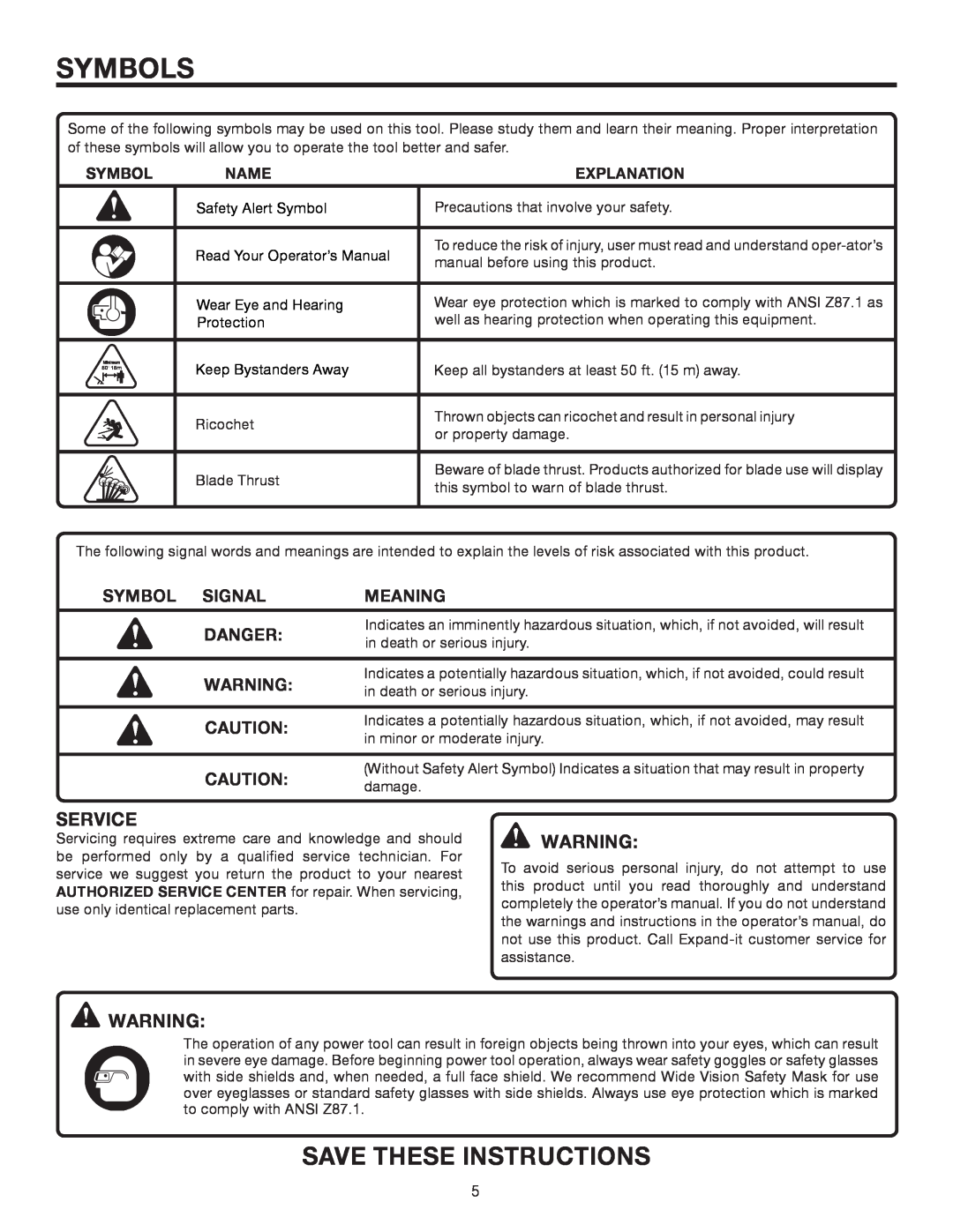 Ryobi UT15702B manual Symbols, Service, Symbol Signal, Meaning, Danger, CAUTION damage, Name, Explanation 