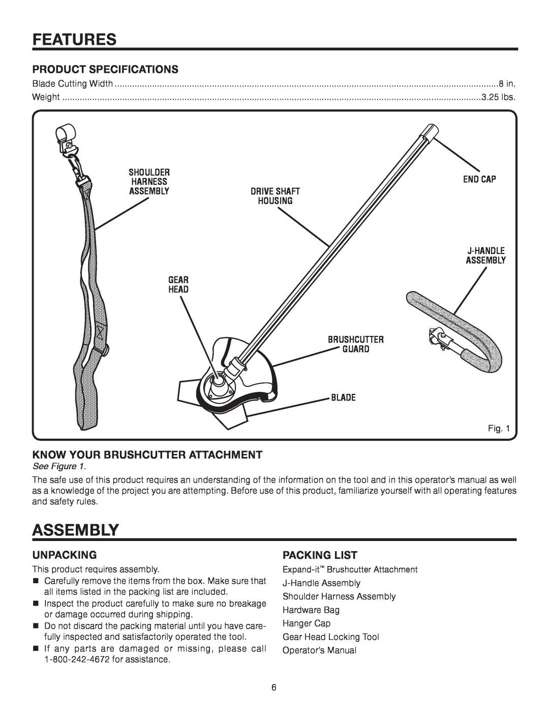 Ryobi UT15702B manual Features, Assembly, Product Specifications, Know Your Brushcutter Attachment, Unpacking, Packing List 