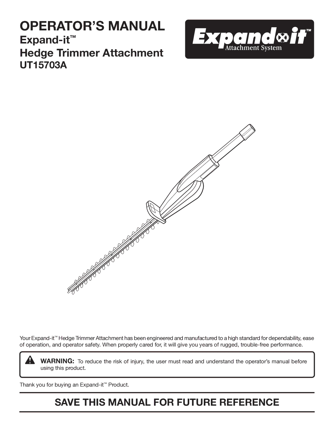 Ryobi UT15703A manual OPERATOR’S Manual, Save this Manual for Future Reference 