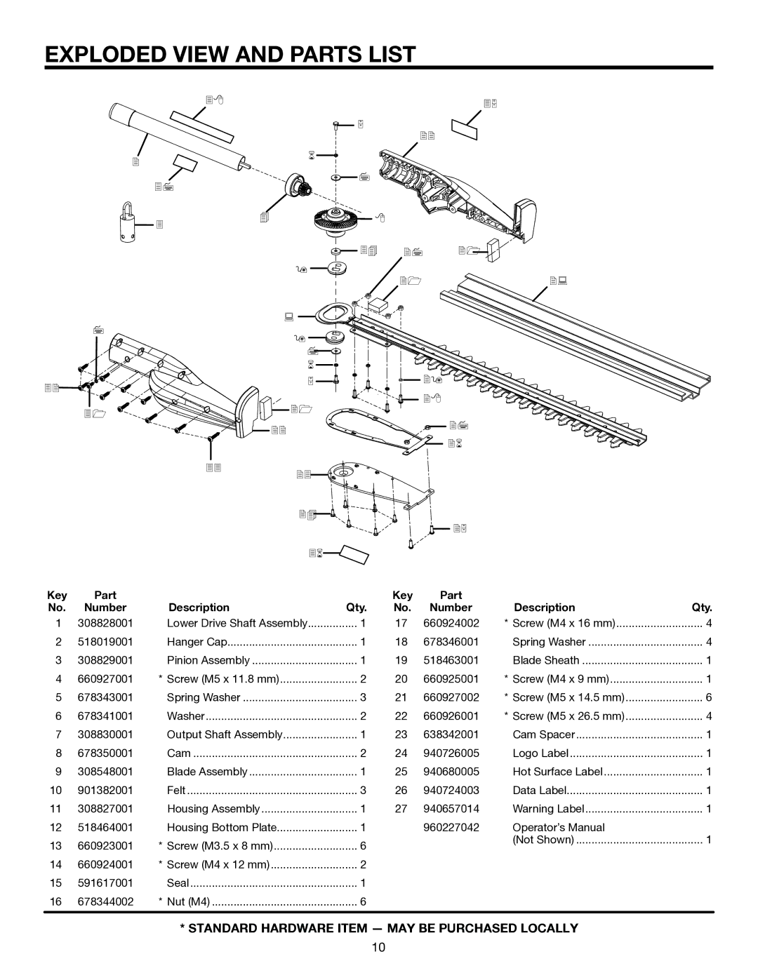 Ryobi UT15703A manual Exploded View and Parts List, Key Part Number Description Qty 