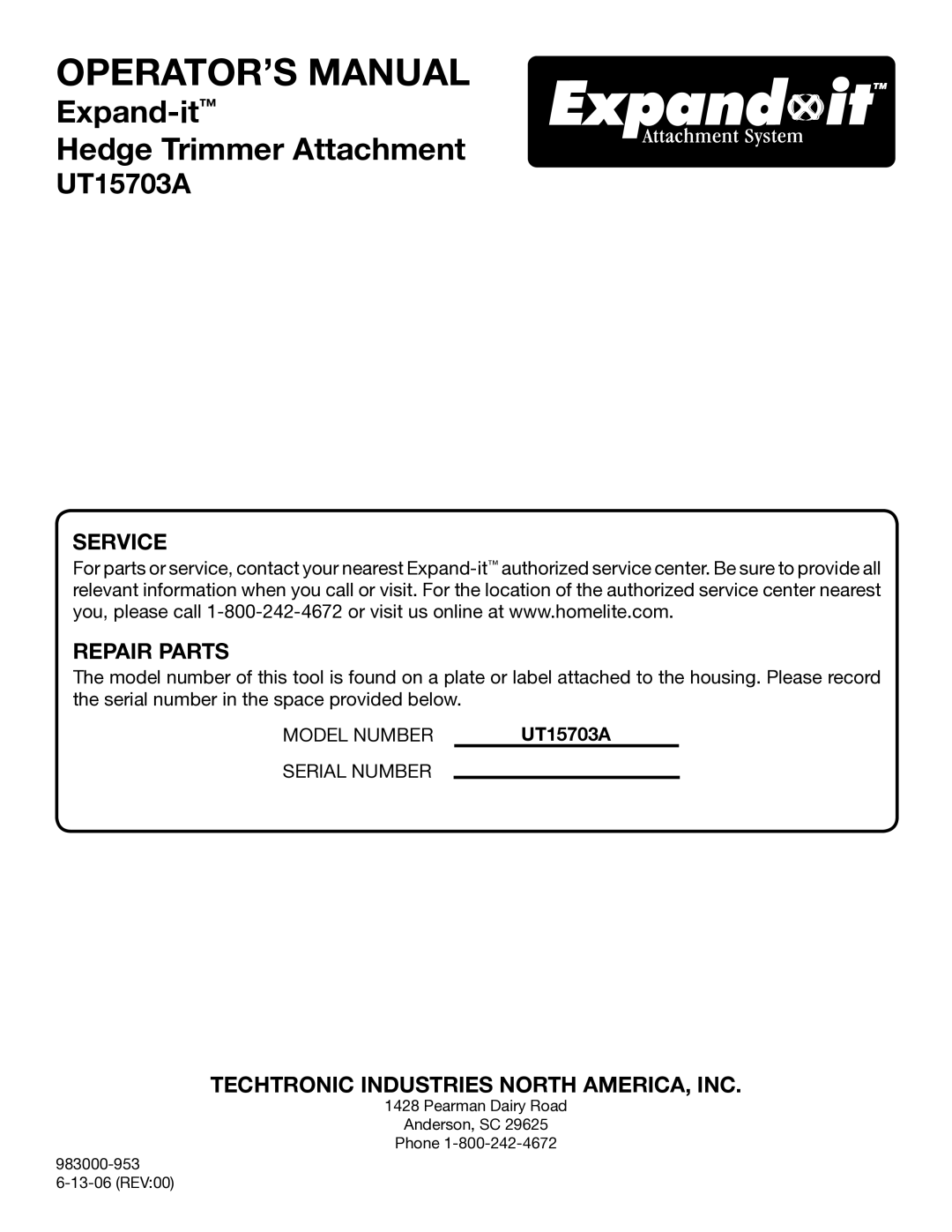 Ryobi UT15703A manual Techtronic Industries North AMERICA, INC 