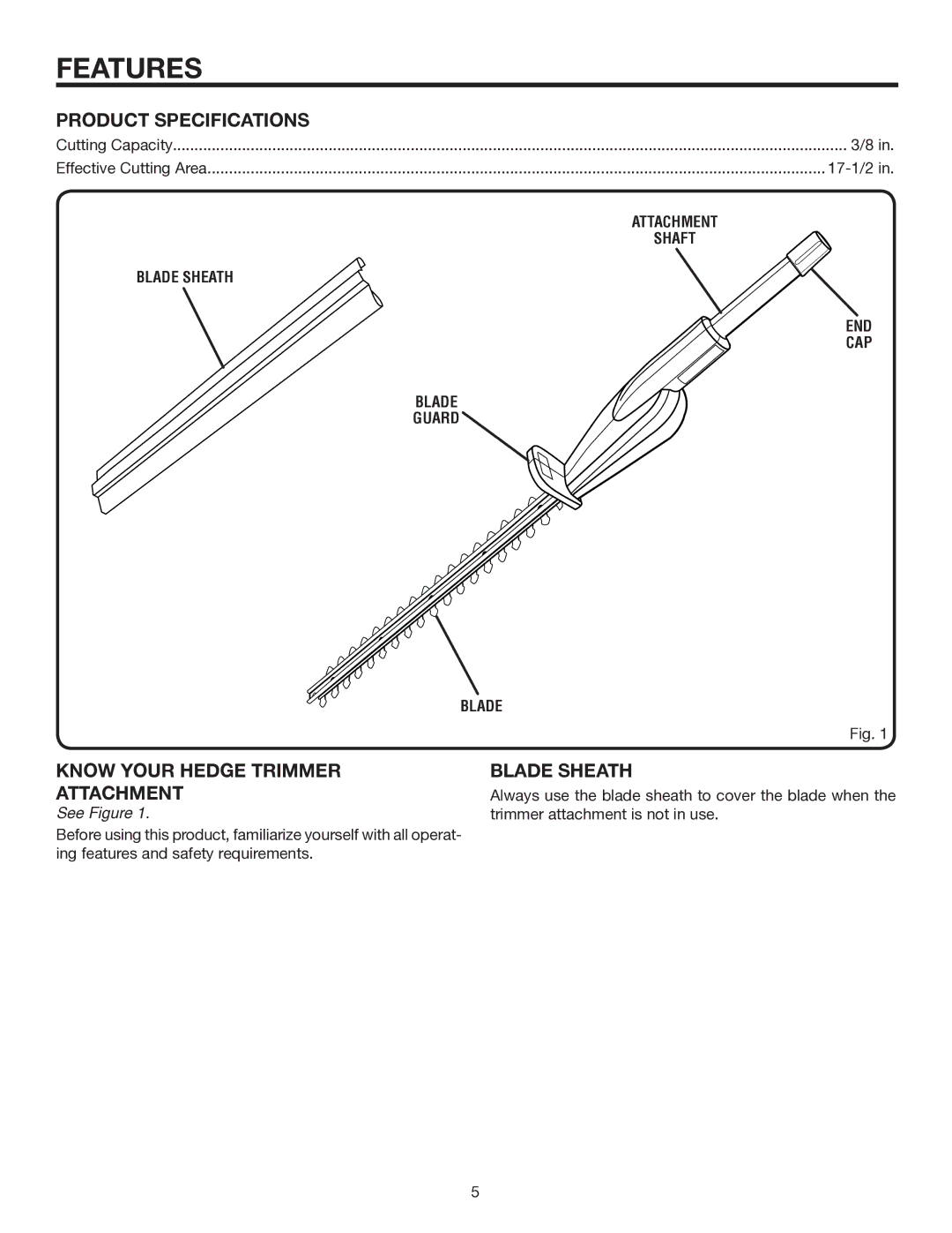 Ryobi UT15703A manual Features, Product Specifications, Know Your Hedge Trimmer Blade Sheath Attachment 