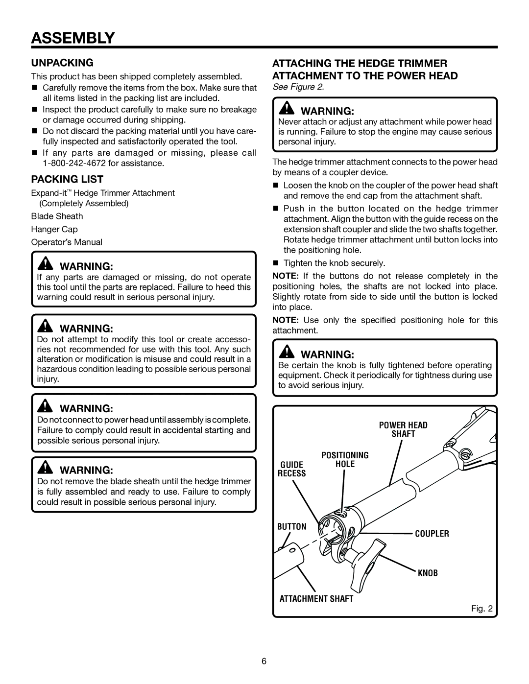 Ryobi UT15703A manual Assembly, Unpacking, Packing List, Attaching the Hedge Trimmer Attachment to the Power Head 